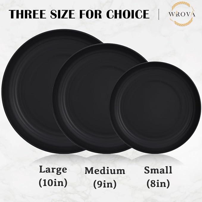 Wrova Wheat Straw Plates - 10 Inch Unbreakable Dinner Plates Set of 8 - Dishwasher & Microwave Safe Plastic Plates Reusable - Lightweight Plate for kitchen,camping (Pure Black)