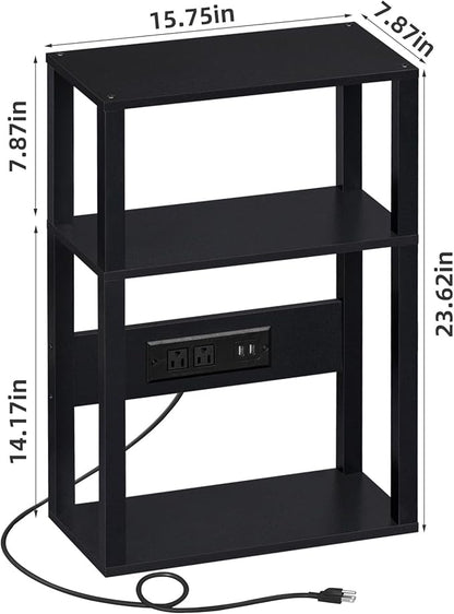 3-Tier Small Narrow Wood Side Table Set of 2 with Charging Station - Skinny Nightstand for Small Spaces, Slim Bedside Table with USB Ports and Outlets - Thin End Table with Storage, Black