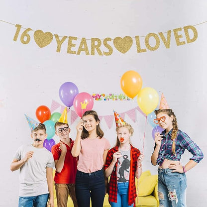 Gold 16 Year Loved Banner, Gold Glitter Happy 16th Birthday Party Decorations, Supplies