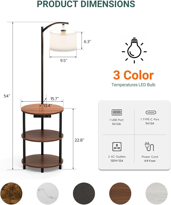Round Side Table with Lamp and USB Ports, 3-Tier Small End Table for Living Room & Bedroom, Rustic Wood Metal Nightstand for Small Spaces, Easy to Assemble, Rustic Walnut