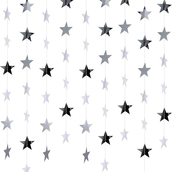 Patelai Glitter Star Garland Banner Christmas Decor 130 Feet Star Hanging Bunting Banner Twinkle Backdrop for Homecoming Classroom Wedding Birthday Halloween Party Supplies(Silver)