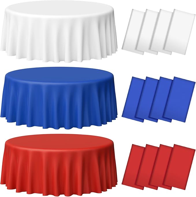 MASHAN 12 Pack 4th of July Plastic Tablecloth, Red White and Blue Patriotic Disposable Tablecloth, Waterproof Round Table Cover for Independence Day Memorial Day Veterans Day Decorations, 84 Inch