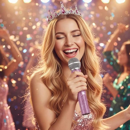Bling Fake Microphone Prop and Crystal Tiara – Sparkly Rhinestone Toy Mic & Crown Girls Cosplay, Princess Dress Up