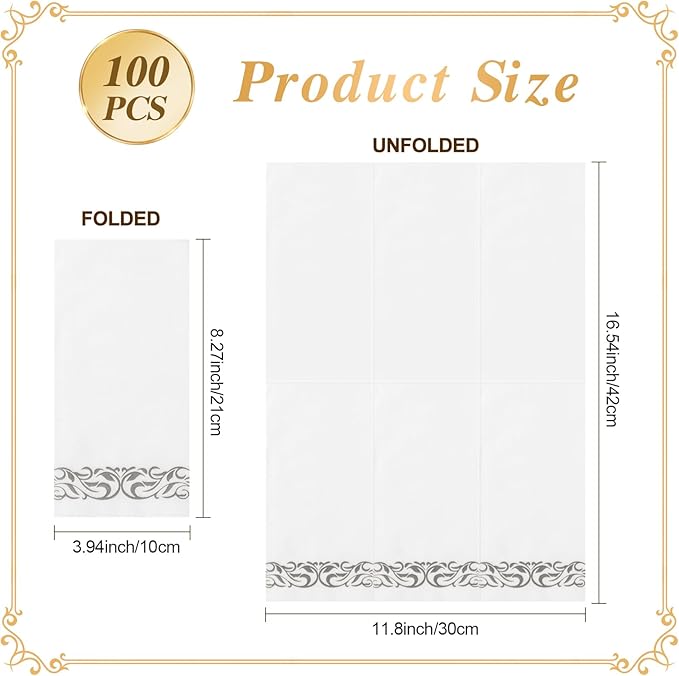 Goodluck 100-Pack Linen-Feel Disposable Guest Towels – Soft and Absorbent Paper Hand Towels for Bathroom or Kitchen – Elegant White Napkins with Silver Design for Parties, Weddings, Dinners Events