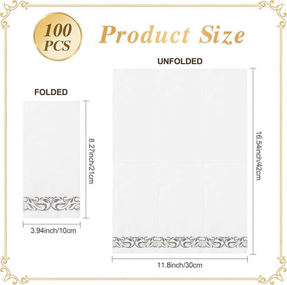 Goodluck 100-Pack Linen-Feel Disposable Guest Towels – Soft and Absorbent Paper Hand Towels for Bathroom or Kitchen – Elegant White Napkins with Silver Design for Parties, Weddings, Dinners Events