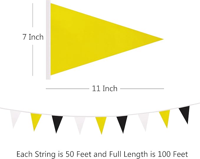100 Ft White Yellow Black Pennant Banner Flag, 60 Pcs String Hanging DIY Bunting Flags for Party, School, Wedding, Carnival, Celebrations, Outdoor and Indoor Decorations (White Yellow Black)