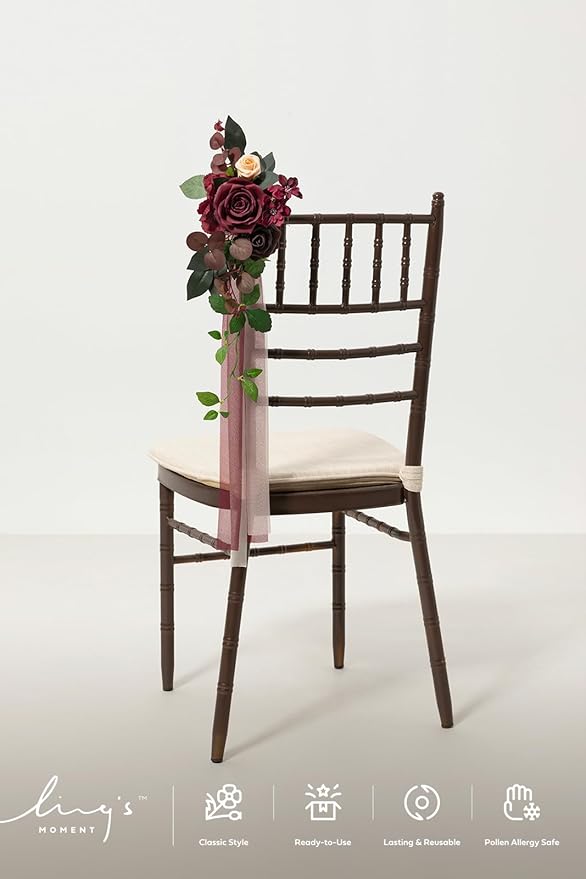 Ling's moment 8 Wedding Artificial Aisle Pew Flowers Chair Decorations Arrangements with Chiffon Ribbons Bordeaux Red for Ceremony Reception Chair Back Floral Decor Reception Church Party Outdoor