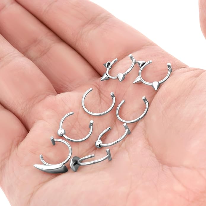 8pcs Adjustable Fake Lip Piercing Vampire Teeth Ring for Halloween,3D Fake Lips Ring Set, Stainless Steel Non-Piercing Lip Cuff Jewelry for Men and Women, Silver
