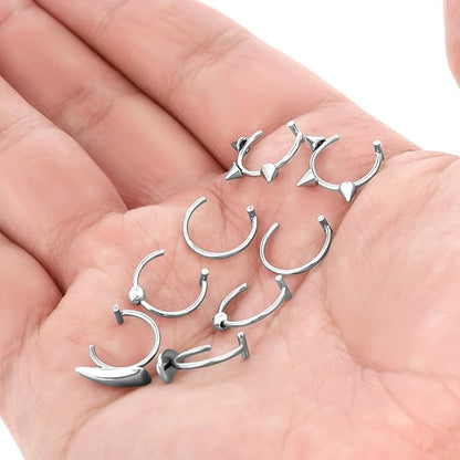8pcs Adjustable Fake Lip Piercing Vampire Teeth Ring for Halloween,3D Fake Lips Ring Set, Stainless Steel Non-Piercing Lip Cuff Jewelry for Men and Women, Silver