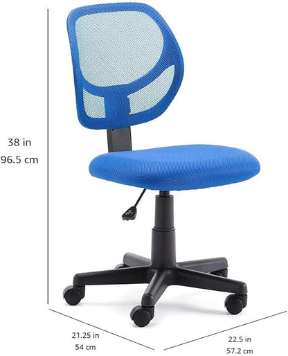 Amazon Basics Low Back Office Chair, Breathable Mesh, Height Adjustable, Padded Seat, Rolling Wheels, Swivel, Blue, 21.25" D x 22.5" W x 38" H