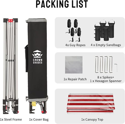 CROWN SHADES 10x10 Pop Up Canopy - Beach Tent with One Push Setup - Easy Outdoor Sun Shade for Events, Parties, Camping - Gazebo with STO-N-Go Cover Bag, Silver Coated Top, Red Strips