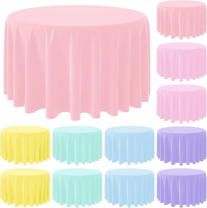MASHAN 12Pcs Plastic Round Pastel Color Tablecloths,Mix Color Table Cloth Disposable Round Table Covers for Baby Shower, Wedding,Birthday Party,Spring Easter and Summer Party Decorations, 84 Inch