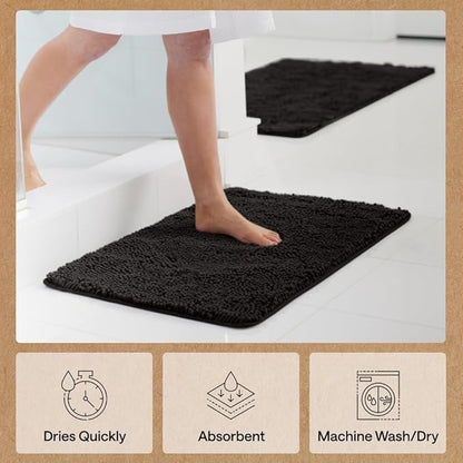 GORILLA GRIP Bath Rug Mat 30x20, Thick Soft Absorbent Chenille, Quick Dry Microfiber Mats, Rubber Backing Washable Shower Floor Rugs, US Designed Bathroom Bathmat Home Decor Accessories, Black