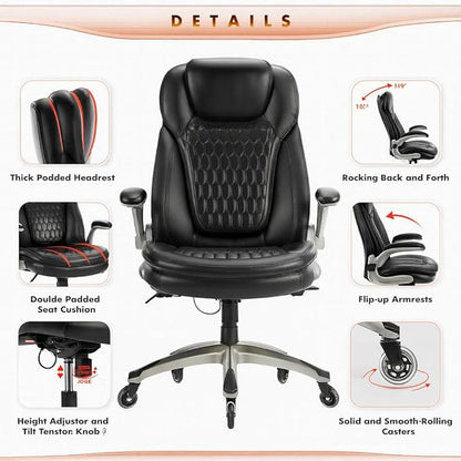 COLAMY High Back Executive Office Chairs,Ergonomic PU Leather Desk Chairs with Flip-Up Armrests, Adjustable Height, Lumbar Support,Comfortable Computer Chairs for Home Office,Set of 2