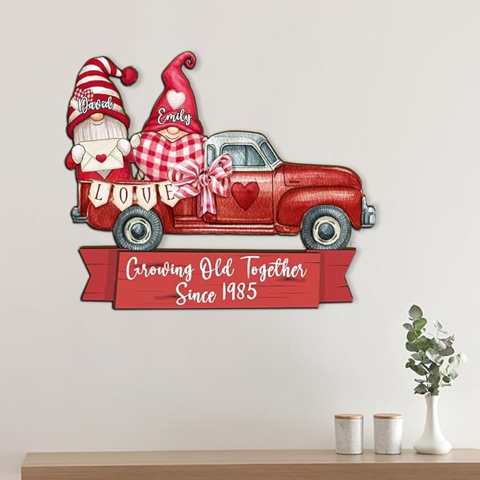 Growing Old Together Gnomes Wooden Plaque, Personalized Gifts for Him Her Wife, Custom Wood Sign Anniversary Couples Gift, Christmas Valentine Gift For Parents, Grandparents Decorations Sign 23