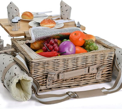 Multifunctional Wicker Picnic Basket Set for 2 with Blanket and Picnic Table, Insulated Picnic Set with Full Tablewares for Camping Outdoor Couples,Cherry