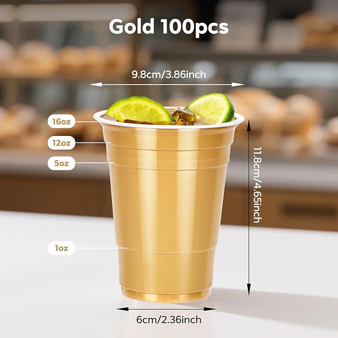 100PCS Gold Plastic Cups, 16oz Disposable Party Cups Bulk Pack, BPA Free Drinking Cups for Soda Juice Beer Cold Drinks Suitable for Wedding Halloween Thanksgiving Christmas Birthday Celebrations