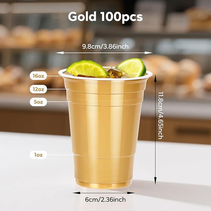 100PCS Gold Plastic Cups, 16oz Disposable Party Cups Bulk Pack, BPA Free Drinking Cups for Soda Juice Beer Cold Drinks Suitable for Wedding Halloween Thanksgiving Christmas Birthday Celebrations
