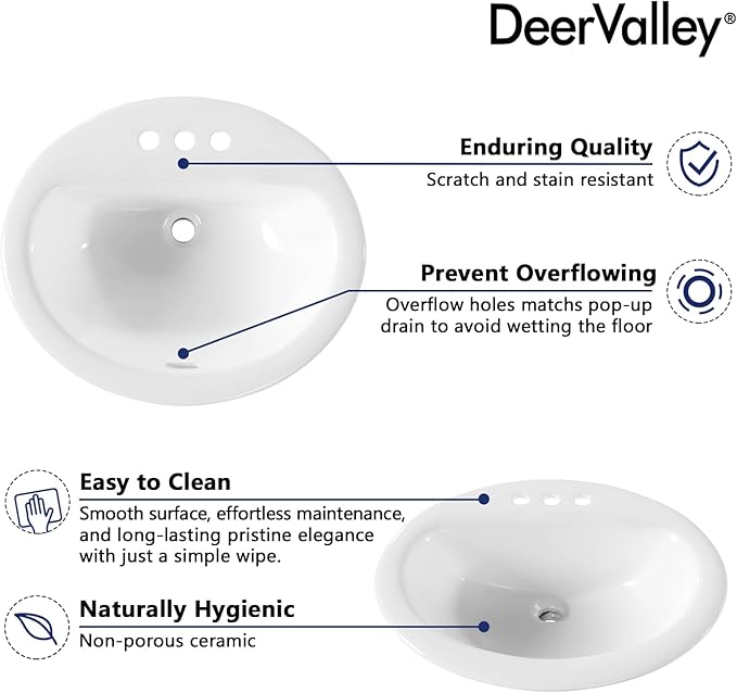 DeerValley 20x17 Inch Oval Ceramic Drop-in Bathroom Sink, White Vessel Sink with Overflow and Three Faucet Holes at 1.25-inch Centers, Modern Art Basin, DV-1DS0120