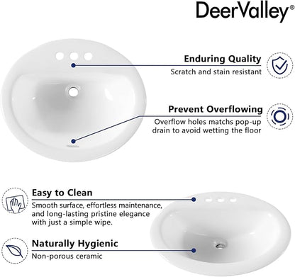 DeerValley 20x17 Inch Oval Ceramic Drop-in Bathroom Sink, White Vessel Sink with Overflow and Three Faucet Holes at 1.25-inch Centers, Modern Art Basin, DV-1DS0120