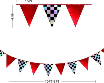 Racing Party Decorations Iridescent Checkered Red Pennant Banner Flag Hanging Paper Triangle Bunting for Kid Boy Men Race Fans Birthday Baby Shower Monster Truck Race Car Party Decorations Supplies