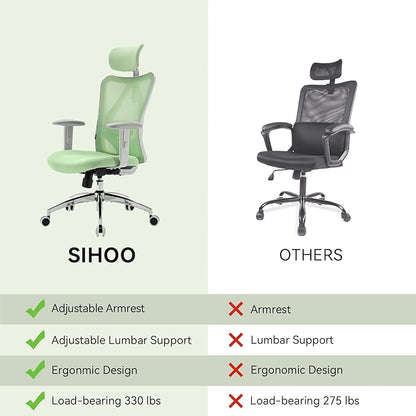 SIHOO M18 Ergonomic Office Chair, Computer Desk Chair with Adjustable Headrest and Lumbar Support, High Back Executive Swivel Chair for Home Office (Light Green)