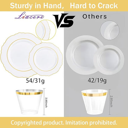 Liacere 350PCS Gold Plastic Plates-Disposable White and Gold Plates 50guest Baroque Plastic Dinnerware include 100Plates, 50Pack Pre Rolled Napkins with Silverware 50Cups for Wedding&Thanksgiving