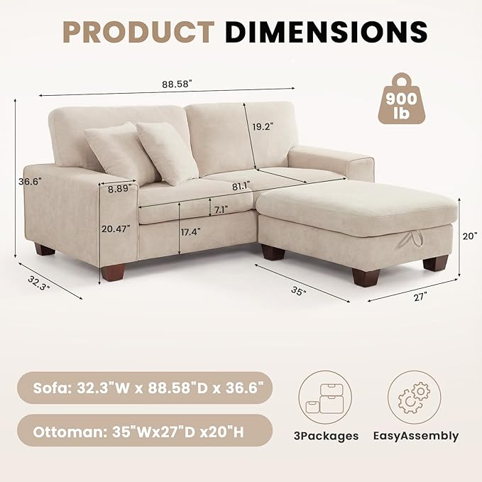DOPEDIO L-Shaped Sectional Sofa with Storage Ottoman, Modern Chenille Recliner Loveseat, Removable Couch Covers, Pocket Spring Cushions, Solid Wood Frame, Easy to Install (88.58inch, Beige)