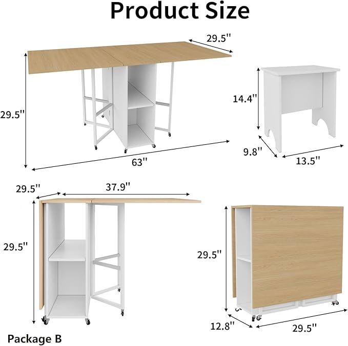 VOWNER 63” Folding Dining Table Set with 71” Tall Kitchen Pantry Storage Cabinet, with Large Drawers and Adjustable Shelves, Space Saving Wood Cupboard with Charging Station for Small Place, 4 Stools
