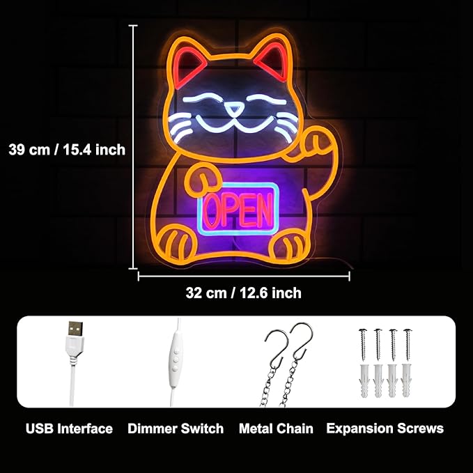 Lucky Cat Neon Sign Open LED Signs for Japanese Room Decor Fortune Cat Neon Light Dimmable Open Neon Signs for Restaurant Ramen Shop Izakaya Sushi Bar Decor Business Openings