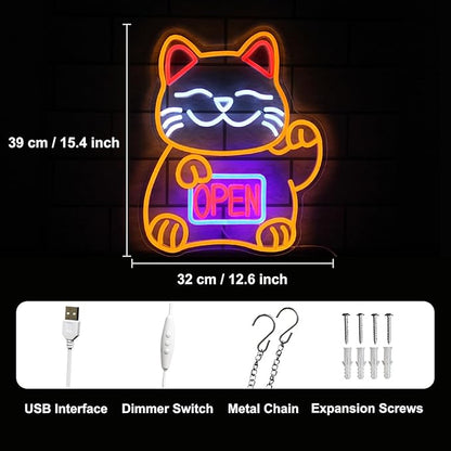 Lucky Cat Neon Sign Open LED Signs for Japanese Room Decor Fortune Cat Neon Light Dimmable Open Neon Signs for Restaurant Ramen Shop Izakaya Sushi Bar Decor Business Openings