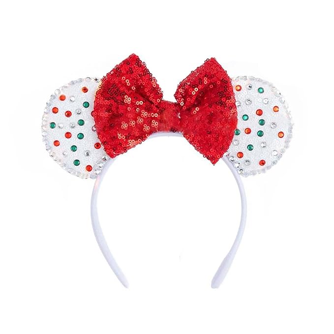 ANIUHL Christmas Mouse Ears Headband Polka Dot Snowflake Angel Rhinestone Hairband Sequin Bow Hair Hoop Headpiece for Party Favors