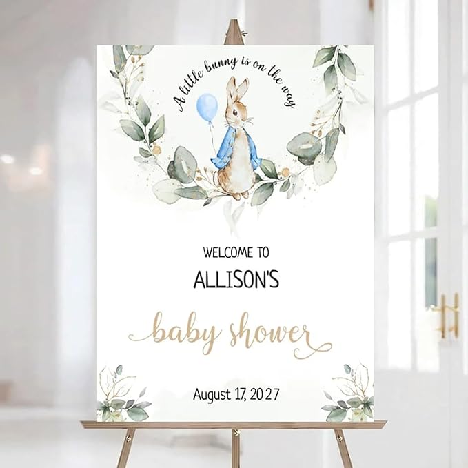 Personalized Bunny Rabbit Baby Shower Welcome Sign for Girl, Pink Peter Rabbit Theme, Greenery Bunny baby shower sign, Gift for Boys & Girls, Gender Reveal Decor, Birthday Party Favors (Style 10)