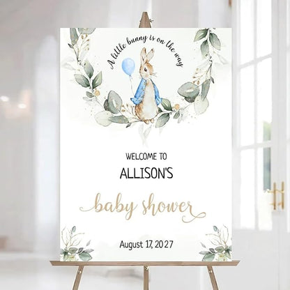 Personalized Bunny Rabbit Baby Shower Welcome Sign for Girl, Pink Peter Rabbit Theme, Greenery Bunny baby shower sign, Gift for Boys & Girls, Gender Reveal Decor, Birthday Party Favors (Style 10)