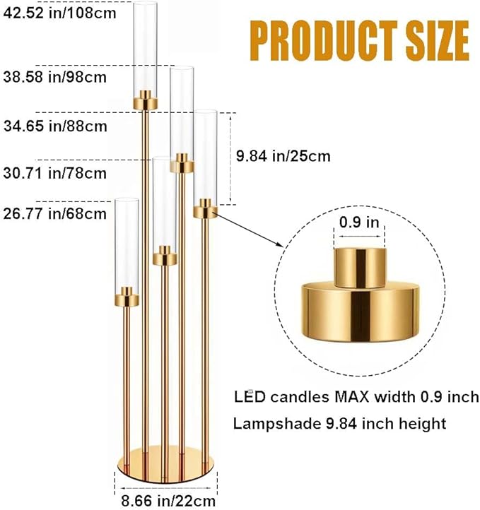 42.5in Gold Candelabra centerpieces for Tables Candelabra Candlestick Holders Decor Wedding Centerpiece Table Decorations 5 arm Candle Holder Set of 4 Acrylic lampshade Fit 0.9" LED Candle