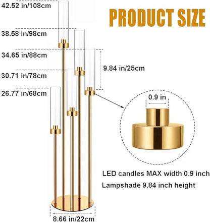 42.5in Gold Candelabra Centerpieces for Tables Candlestick Holders Decor Wedding Centerpiece Table Decorations 5 arm Candle Holder Set of 6 Acrylic lampshade Fit 0.9" LED Candle