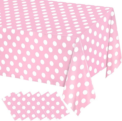 WNINK 6 Pack Light Pink and White Polka Dot Tablecloths, Pink Disposable Plastic Table Cover for Birthday, Wedding, Bachelor, Pink Girl Party, and Picnic Camping Parties 54" x 108"