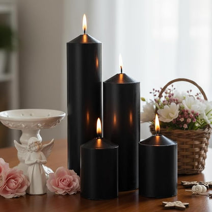 MTLEE 6 Pcs Pillar Candles 3 Set 2 in x 3, 6, 8 Inch Smokeless Dripless Unscented Pillar Candles Long Clean Burning Wax for Wedding Dinner Party Spa Emergency Ceremony Home Decor (Black)