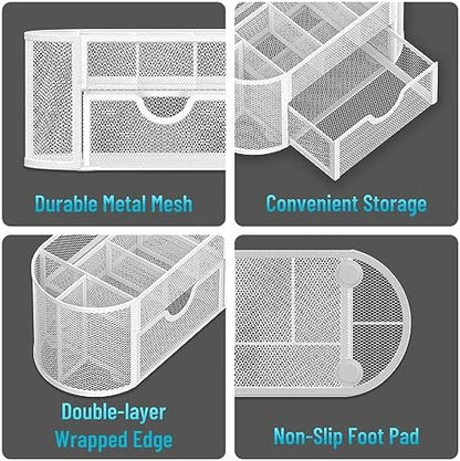 Mesh Desk Organizer with Drawer, 9-Compartment Pen Holder for Desk, White