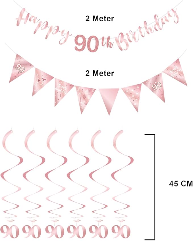 Rose Gold 90th Birthday Decoration Kit - Happy 90th Banner, Bunting, Streamers & Triangle Flag for Party Decorations