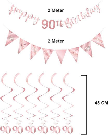 Rose Gold 90th Birthday Decoration Kit - Happy 90th Banner, Bunting, Streamers & Triangle Flag for Party Decorations