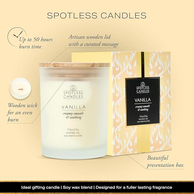 Vanilla Candle - 9.7 oz /275g Vanilla Scented Candle in Cream Frosted Glass Jar with Wooden Lid and Wooden Crackling Wick in a Luxurious Gift Box - Creamy, Smooth and Soothing