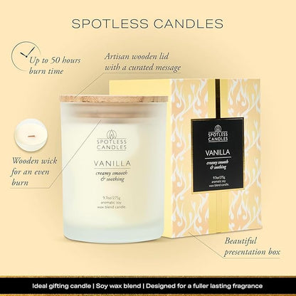 Vanilla Candle - 9.7 oz /275g Vanilla Scented Candle in Cream Frosted Glass Jar with Wooden Lid and Wooden Crackling Wick in a Luxurious Gift Box - Creamy, Smooth and Soothing