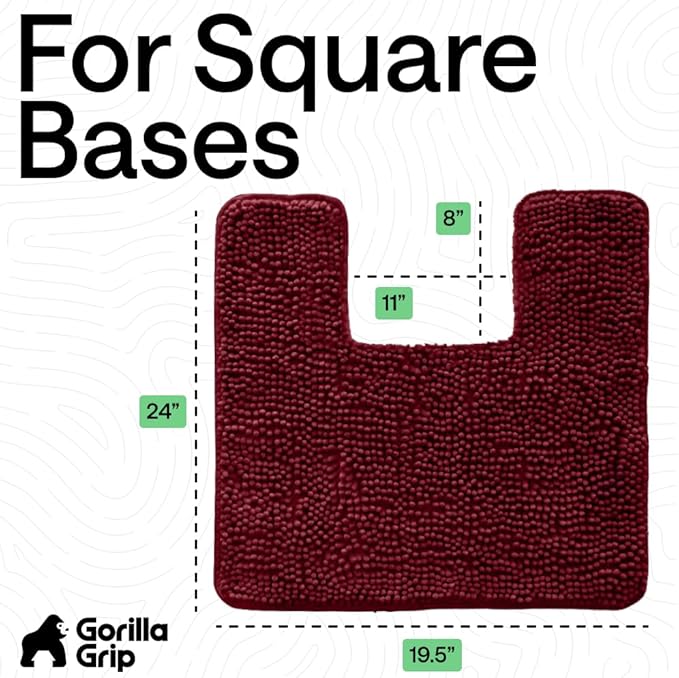 GORILLA GRIP Plush Absorbent Shaggy Chenille Bath Rug Mat for Square Toilet Base with Rubber Backing, Machine Washable Rugs, Soft Microfiber Contour Mats for Toilets, Bathroom Decor, Burgundy