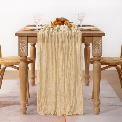 MLMC Champagne Cheesecloth Table Runner 10ft Sand Rustic Gauze Cheese Cloth Table Runner 35x120 Inches for Farmhouse Cozy Holiday Outdoor Events Home Decor