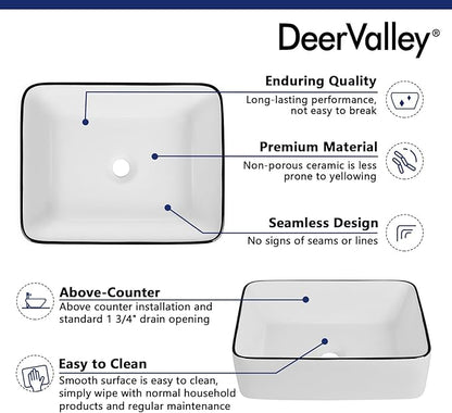 DeerValley 19x15 Inch White and Black Rectangular Vessel Sink, Porcelain Ceramic Above Counter Bathroom Vanity Basin, Modern Art Design, DV-1V0002