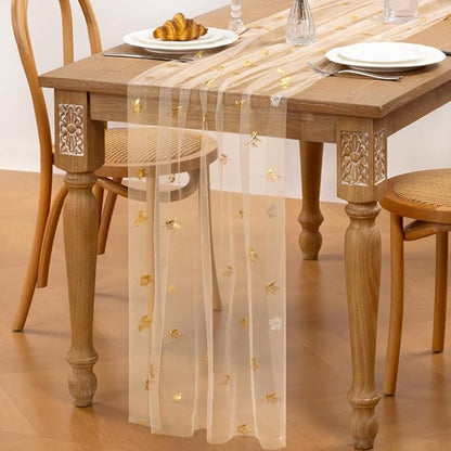 Maple Gold Table Runner for Thanksgiving - Sheer Gauze Cheesecloth 120 Inch with Glitter Harvest Table Decor for Family Feasts Dining Room Home Celebration - Beige