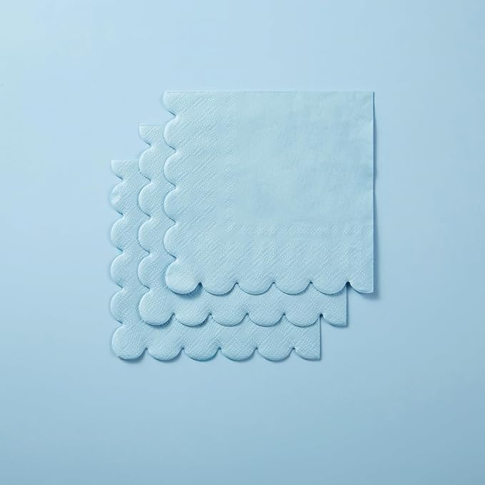 200 Pack Cocktail Napkin 2-Ply Scalloped Edged Dessert Napkins Folded 5 x 5 Inches Disposable Napkins for Dinner Wedding Birthday Party Bridal Anniversary Reception Event (Light Blue)