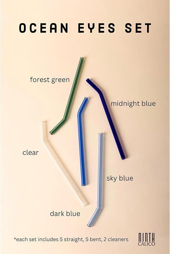 10 Pcs Reusable Glass Drinking Straws, Colorful and Durable Glass Straws for Beverages, Smoothies, Iced Coffee, Juice, Set of 10-5 Straight, 5 Bent, 2 Cleaning Brushes (Ocean Eyes Set)
