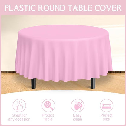 MASHAN 12 Pack Round Plastic Pink Tablecloths Disposable Pastel Pink Table Cloth Round Table Covers for Valentines Day Bridal Engagement Wedding Galentines Party Decorations,84 Inch